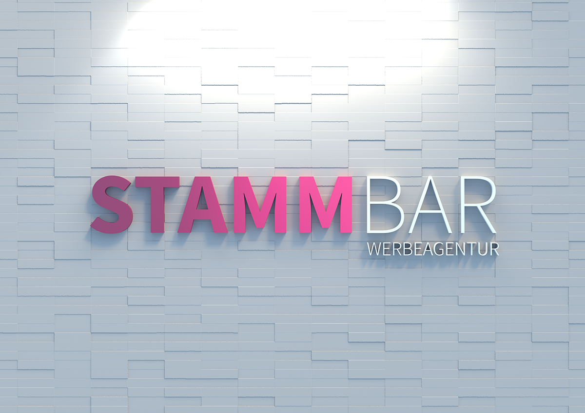 Logo der Stammbar Werbeagentur vor einer weißen Mauer in 3D